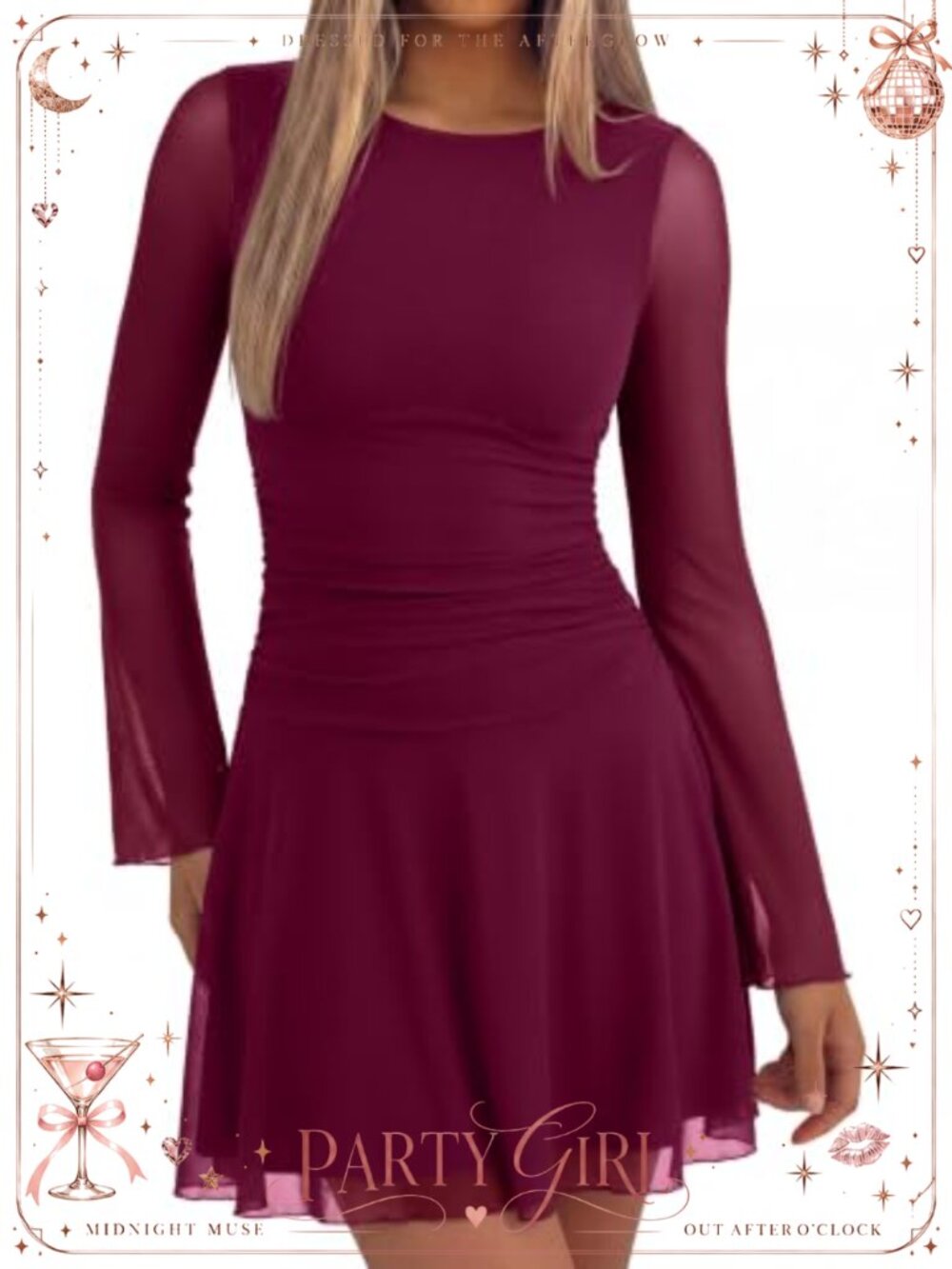 REORIA Boat Neck Sheer Mesh Ruched Long Sleeve Mini Dress